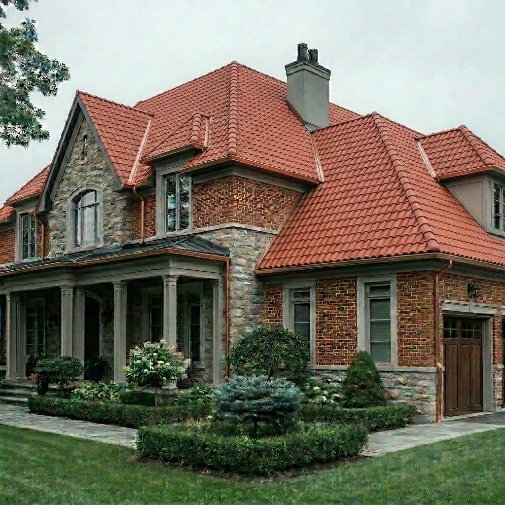 The same brick semi and angle with a crisp new dark shingle roof, after