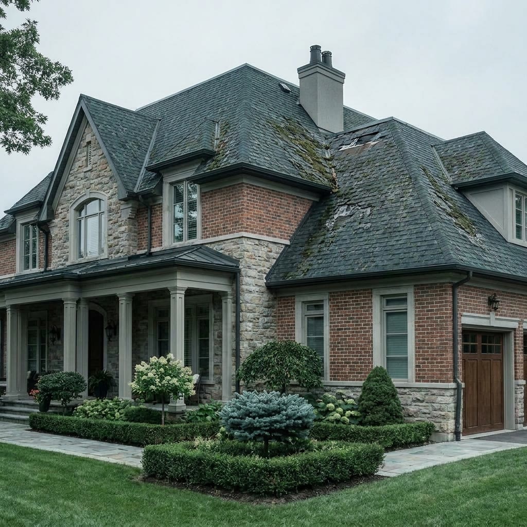 Red-brick Toronto semi with a tired, moss-flecked steep roof, before