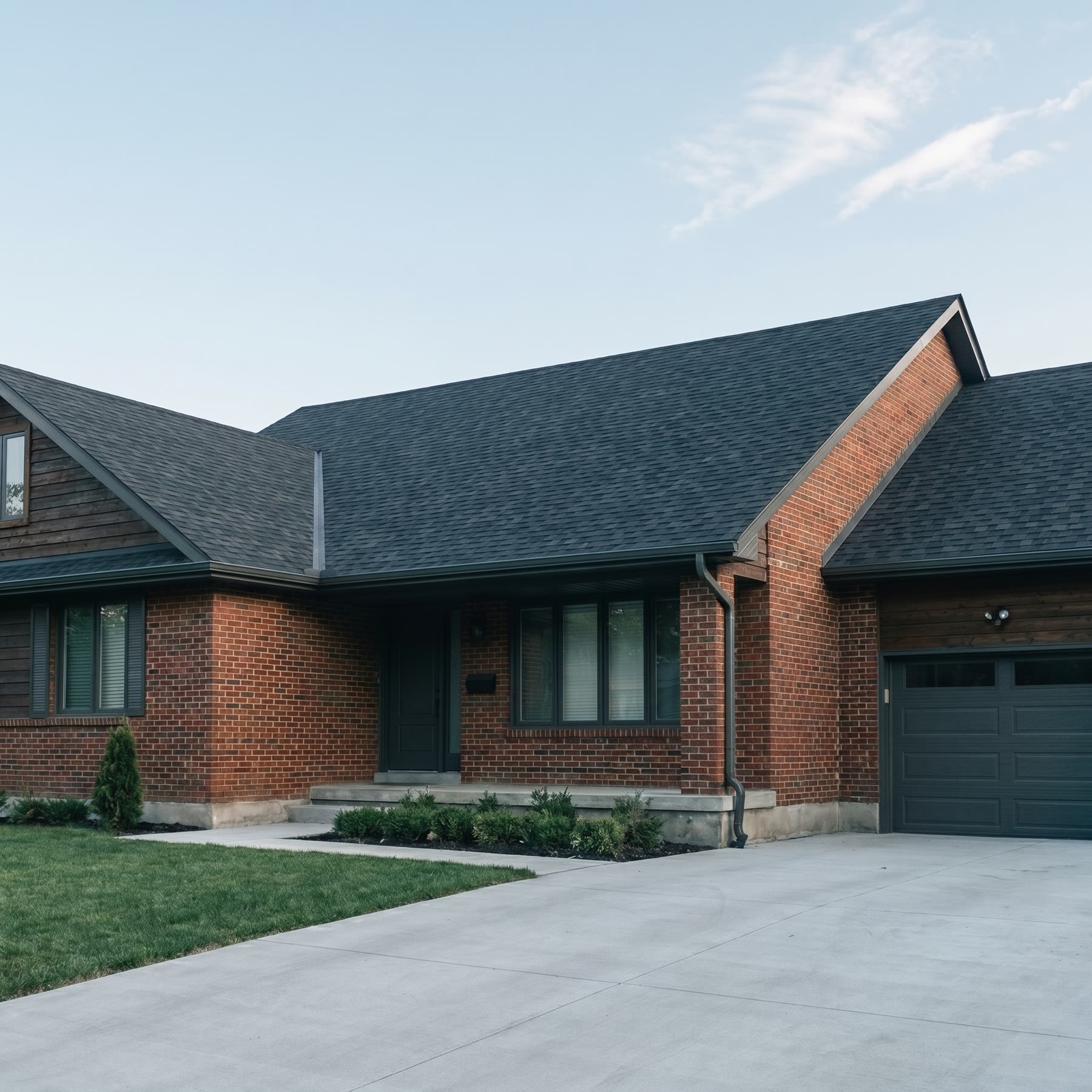 The exact same home and angle with a brand-new charcoal architectural shingle roof, after