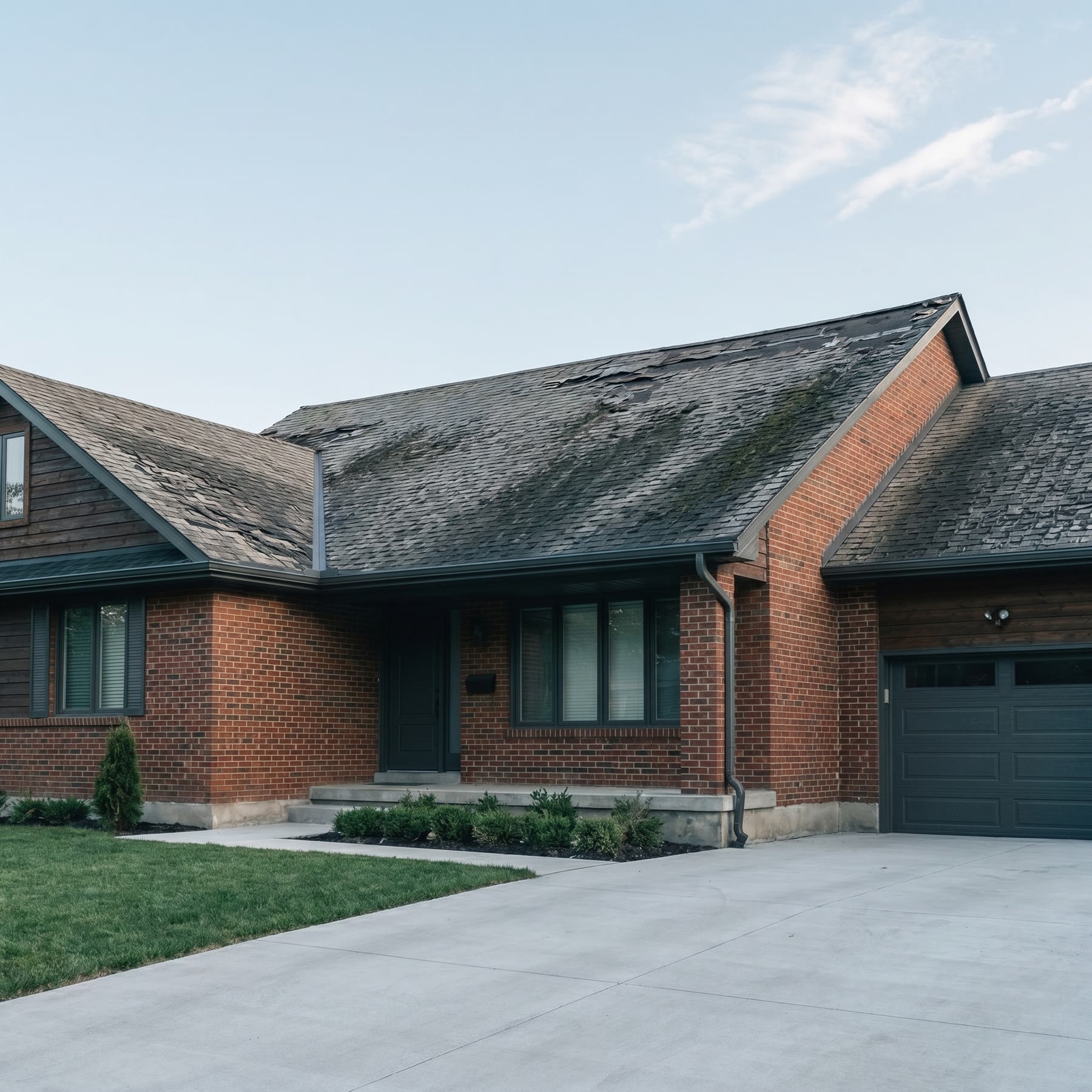Toronto two-storey home with an old, worn, streaked dark shingle roof, before