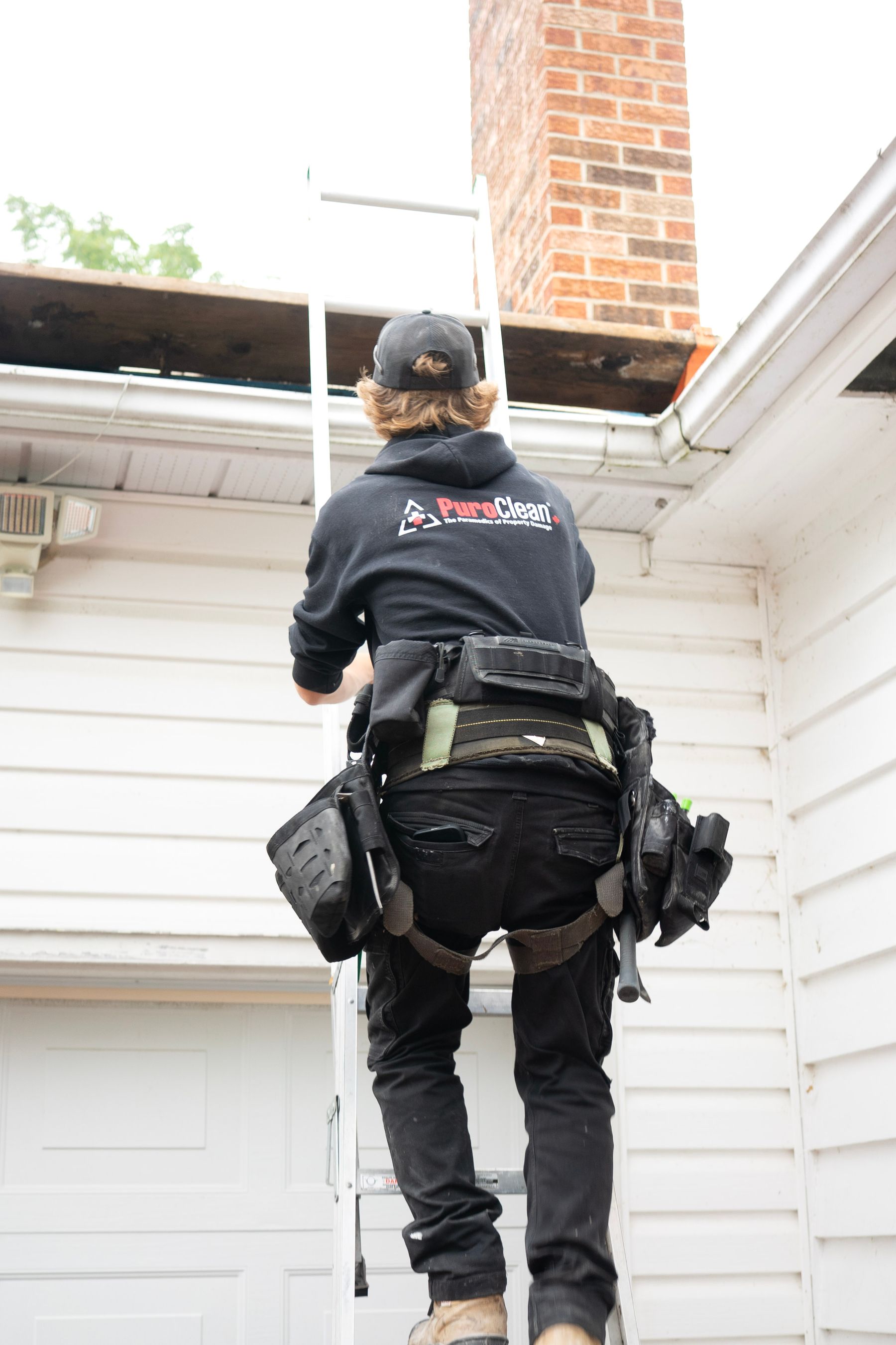 Roof inspector climbing a ladder beside a brick chimney with camera in hand