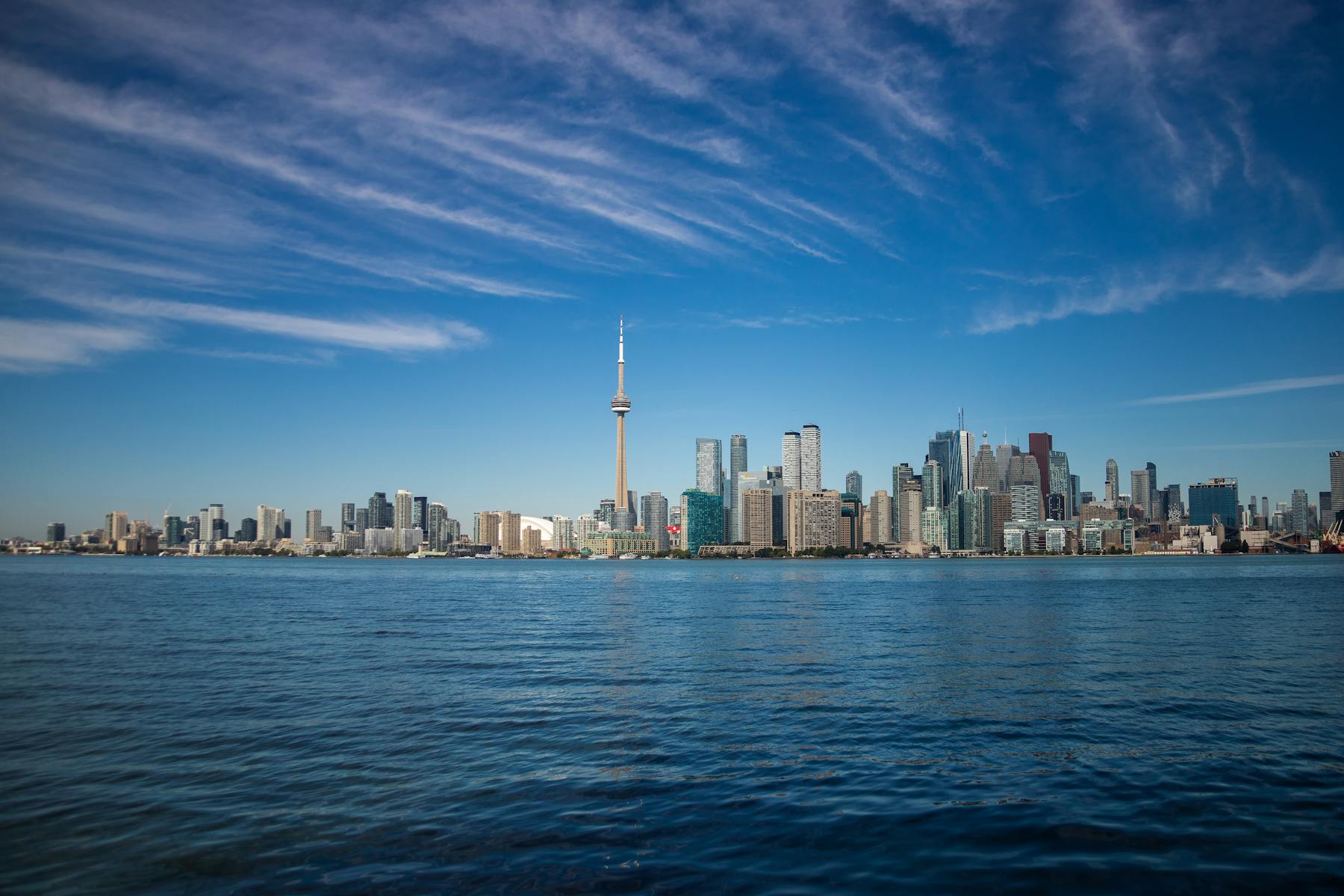 Toronto skyline with the CN Tower seen from the harbourfront on a clear morning